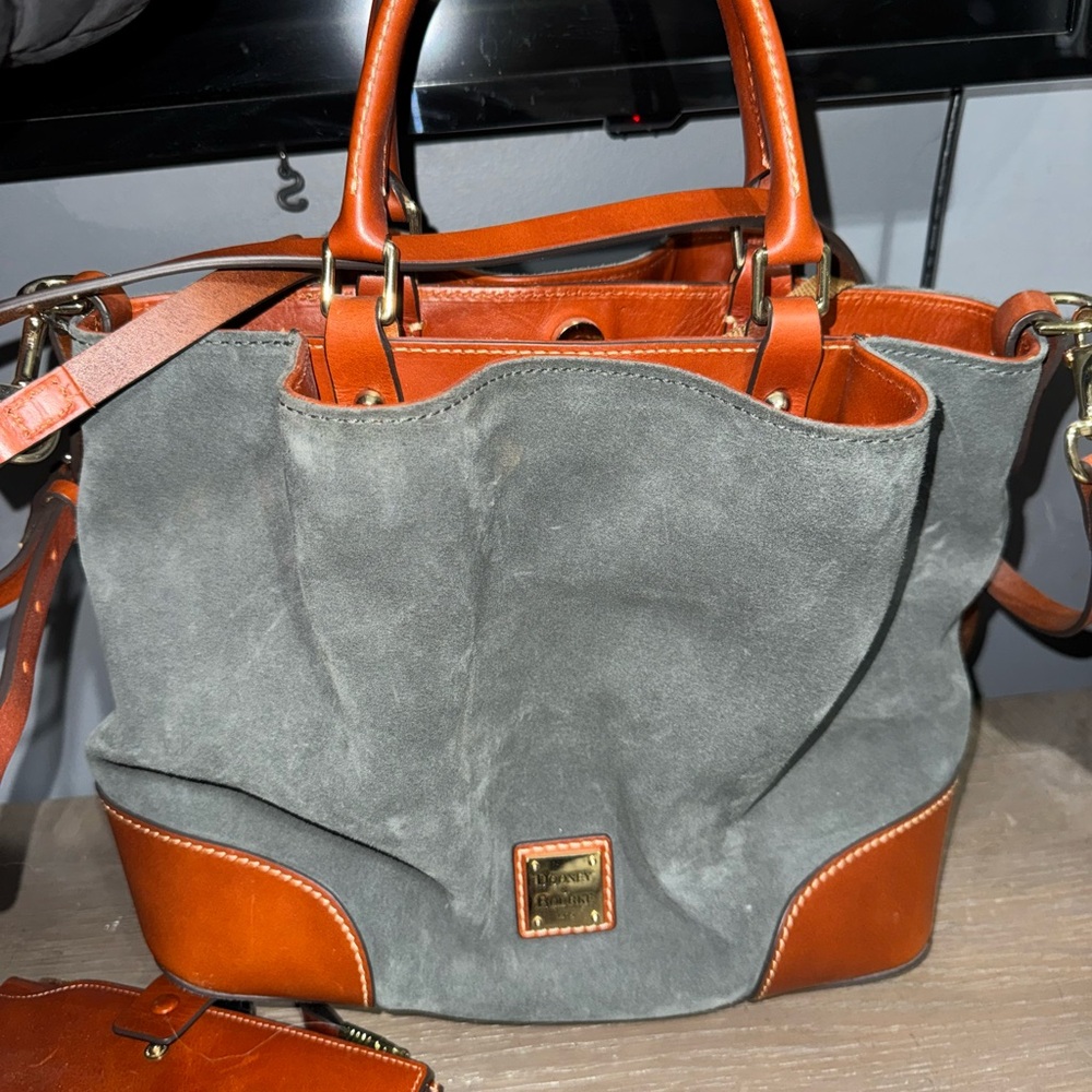 Dooney & Bourke grey suede brown leather accents Bella handbag purse w/wallet - Picture 2 of 9